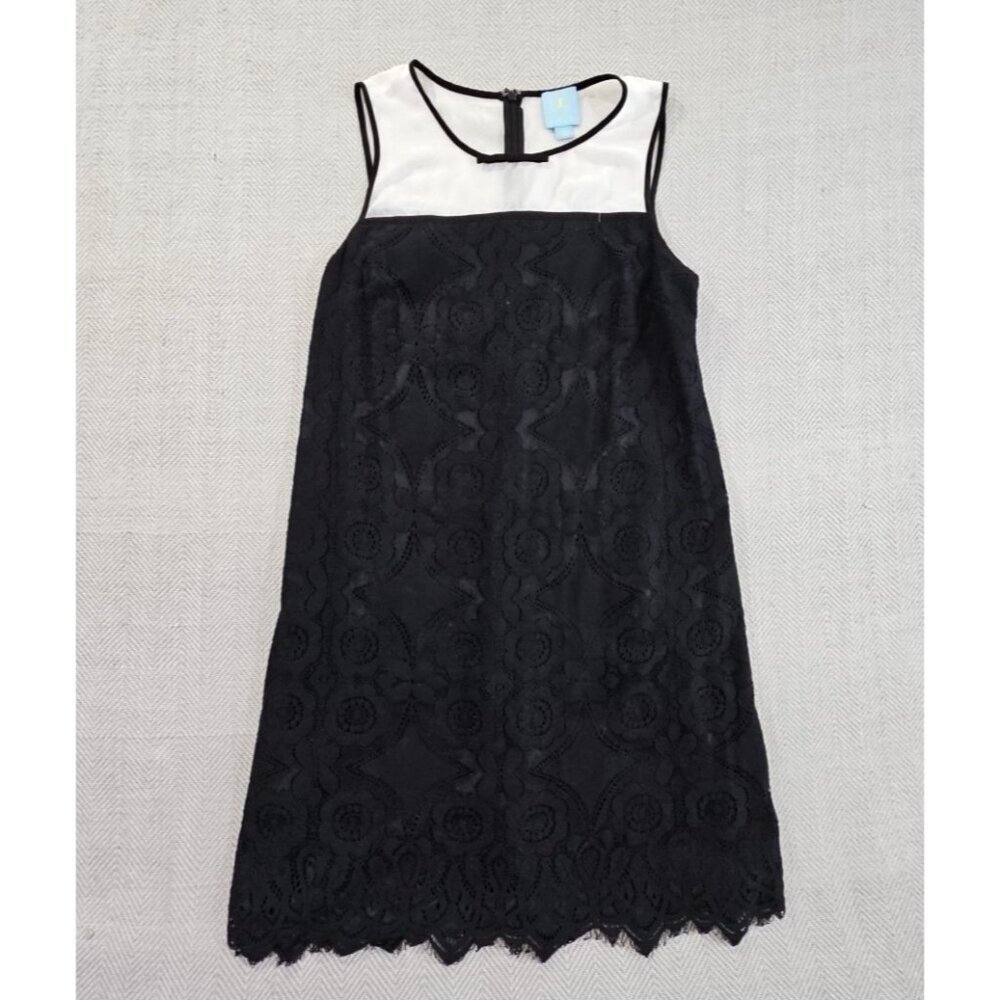 Cece Women's Black White Lace Scalloped Crew-Neck Shift Cocktail Dress Size 8‎
